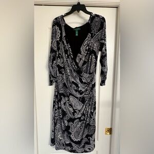Ralph Lauren Black and White Paisley Long Sleeve Dress